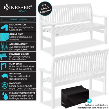 Садова лавка KESSER® дерев'яна для 3-4 осіб, біла 125 см, з чохлом - міцна паркова лавка з масиву для балкона, тераси та саду