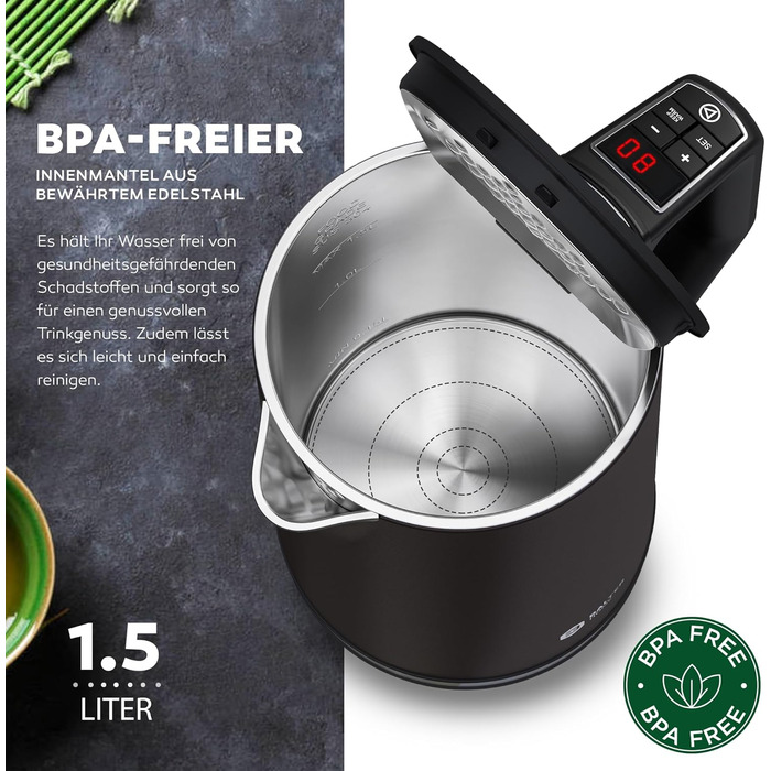 Електричний чайник BALTER з регулюванням температури, 1.5L, 2200W, білий (сірий), без BPA, подвійні стінки, бездротовий