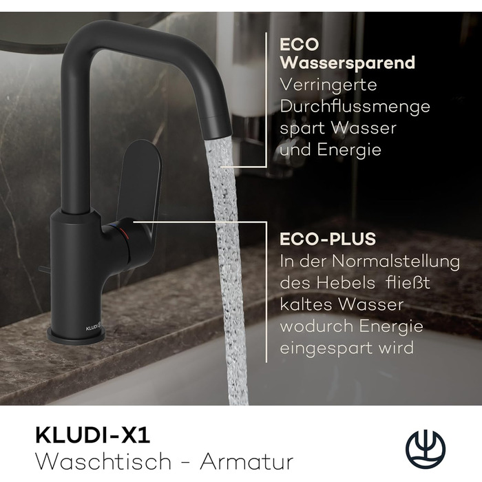 Змішувач для ванної кімнати KLUDI-X1 з висувним зливом, поворотний 360°, висота виливу 205 мм, водозберігаючий, розмір L, з підключенням, чорний матовий