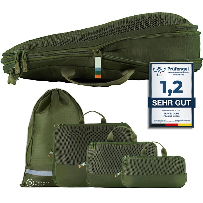 Набір компресійних органайзерів для одягу TRAVEL DUDE (4 шт.), легкі пакувальні куби з переробленого пластику для валізи та рюкзака, темно-зелені