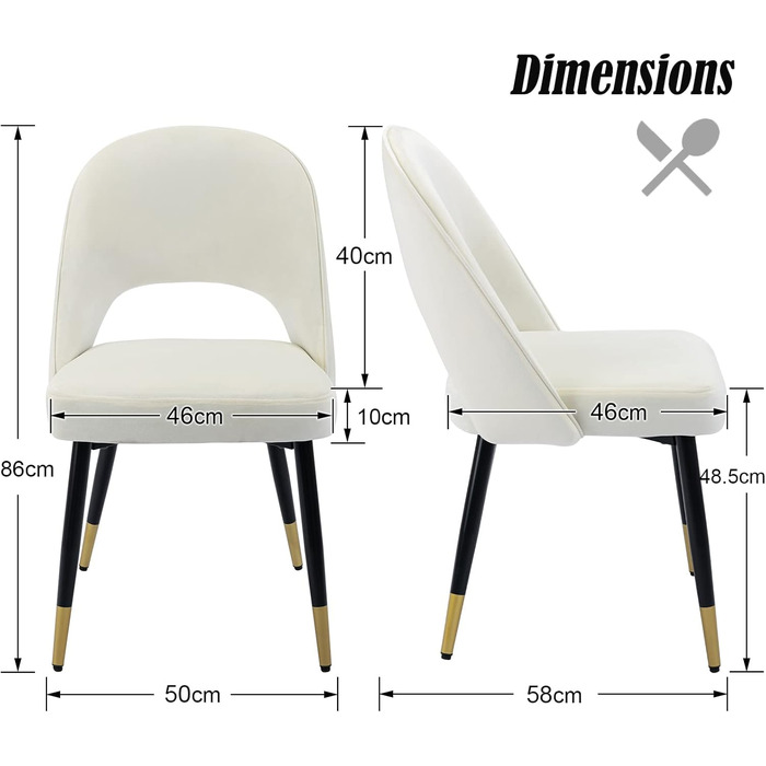 Набір з 2-х м'яких крісел з велюру для вітальні/кухні. Сучасний дизайн, без підлокітників, металеві ніжки (Бежевий)