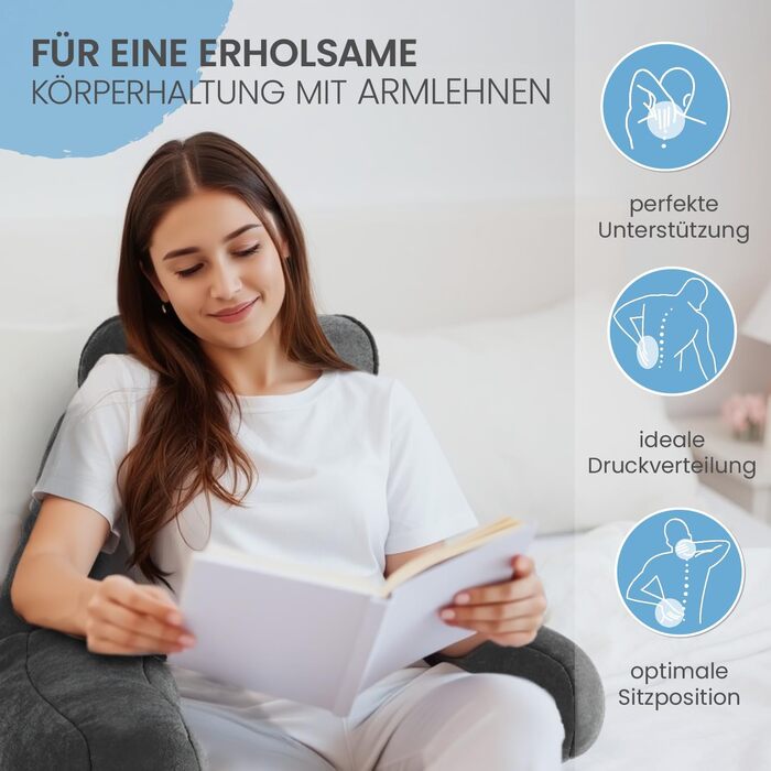 Подушка для спини ELONEO з підлокітниками – для ліжка та дивана. Зробить підтримку спини, голови та шиї більш комфортною (з роликом для шиї)