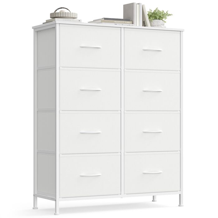 SONGMICS Комод з 8 висувними ящиками, шафа для зберігання, сталь, MDF, фліс, для спальні, прихожей, вітальні, вінтажний коричневий-чорний, LGS124BH04 (8 ящиків, хмарно-білий + сніжно-білий)