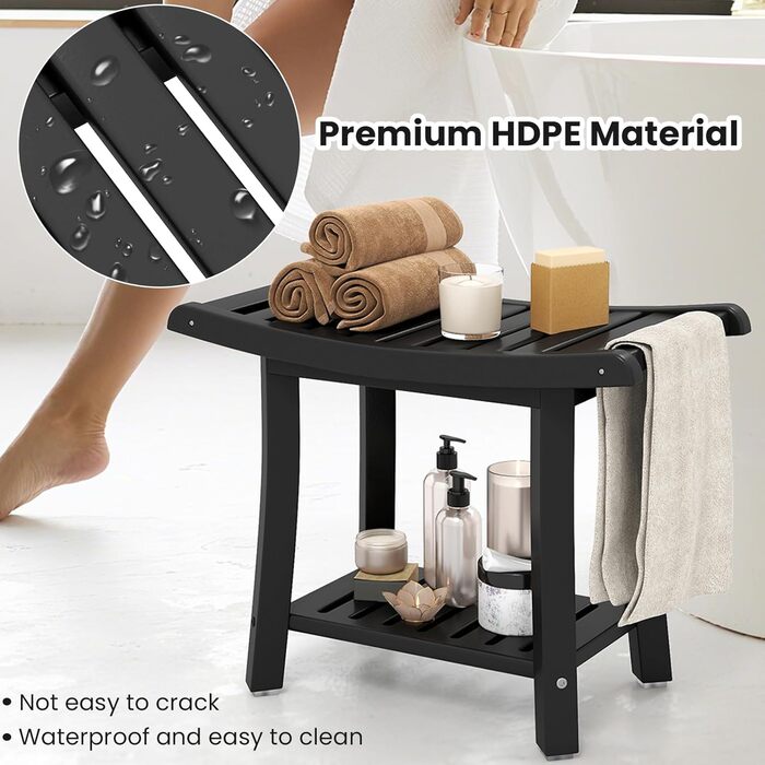 Двомісний стілець для душу HOMASIS з полицею, витримує до 170 кг, з HDPE, з 2 ручками та антиковзними накладками, для літніх людей та дорослих (Чорний)