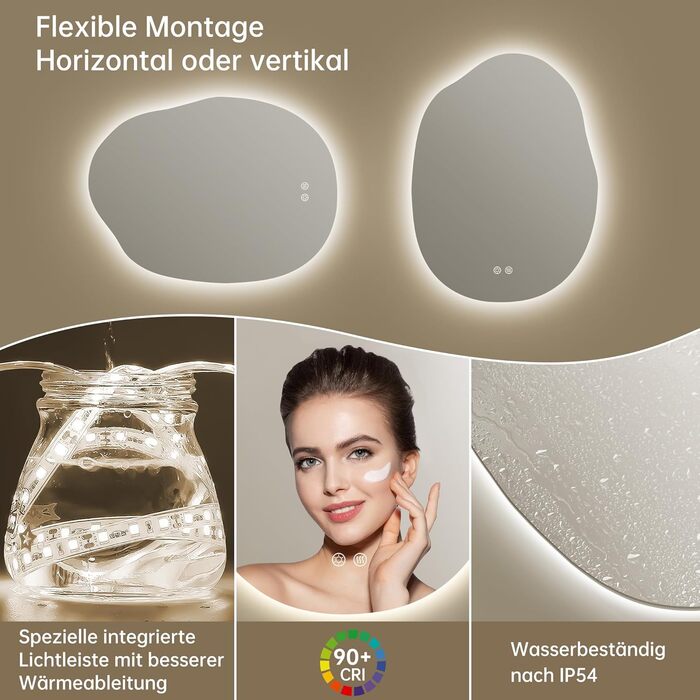 Дзеркало для ванної кімнати OUMUSU з підсвічуванням, арочне, без рами, 50x75 см. Антизапарник, сенсорне управління, регулювання яскравості, 3 кольори світла