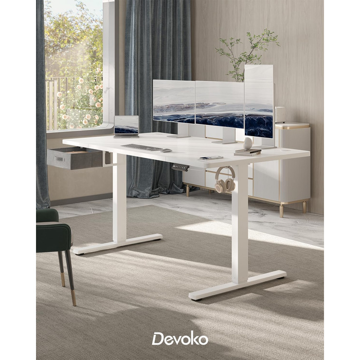 Регульований стіл Devoko з підйомною висотою, 140x80 см, з ящиками, USB-порт, органайзер для кабелів, стоячий стіл з 3 рівнями пам'яті, білий