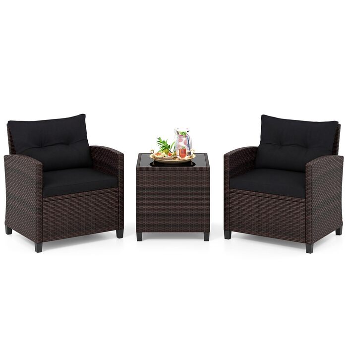 Садовий набір меблів COSTWAY з ротангу 3 предмети: 2 крісла, стіл зі скляною стільницею, подушки. Меблі для балкона та тераси на 2 особи, вуличні, коричнево-чорні