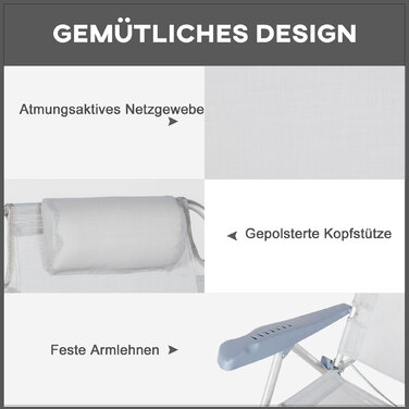 Набір з 2 складних кемпінгових стільців з регульованою спинкою (6 положень), підголівником, 62 x 65 x 80 см, світло-сірий