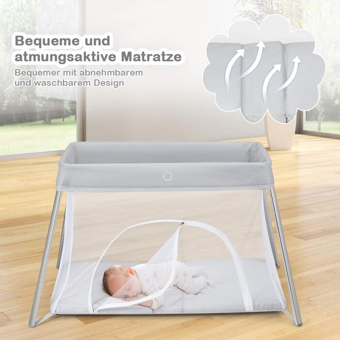 Цілісне розкладне дитяче ліжко COSTWAY, трапецієподібне дорожнє ліжко з матрацом і дверцятами на блискавці, портативний манеж з алюмінієвою люлькою, для дітей 1-3 років, з можливістю завантаження до 15 кг (світло-сірий)