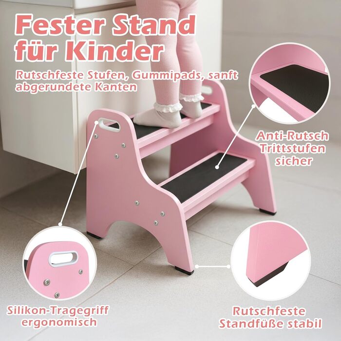 Дерев'яний дитячий стільчик Tritthocker з 2 сходинками, неслизький, для ванної та кухні, скандинавський дизайн, колір: натуральний (рожевий)