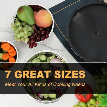 Набір міксерів Hunnycook 7 шт. з нержавіючої сталі, салатовниці з кришкою, набір місок для перемішування, 5л, 4.5л, 4л, 2.4л, 1.7л, 1.25л, 0.8л, чорний