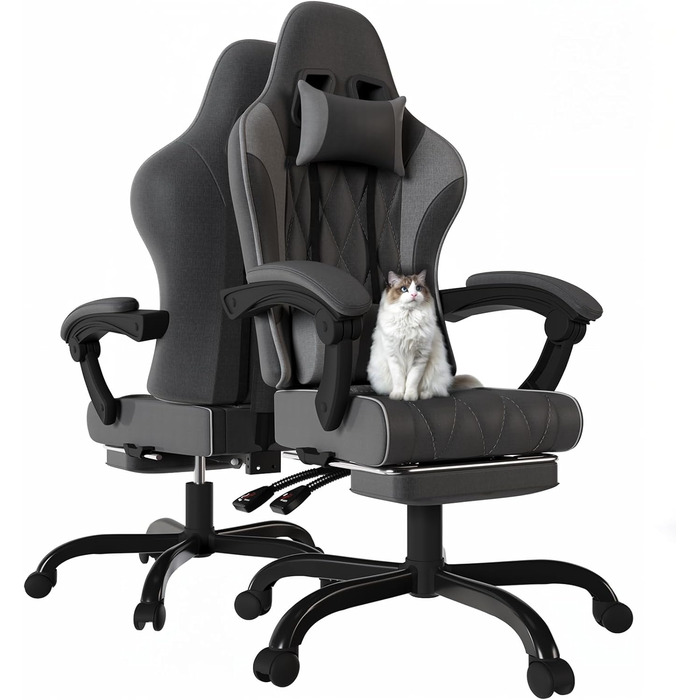 Ігровий крісло JUMMICO з тканини та пружинним наповнювачем, ергономічний офісний крісло з масажером. Крісло має підголівник, підставку для ніг, регулювання висоти. Максимальне навантаження: 150 кг. Колір: темно-сірий