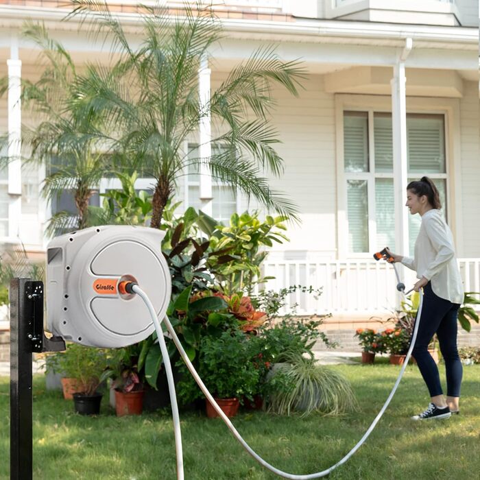 Автоматичний барабан для садового шланга Giraffe Tools 20м + 2м, настінна шланговий бокс з поворотним механізмом 180° та 7-позиційною насадкою та білим з'єдчним шлангом