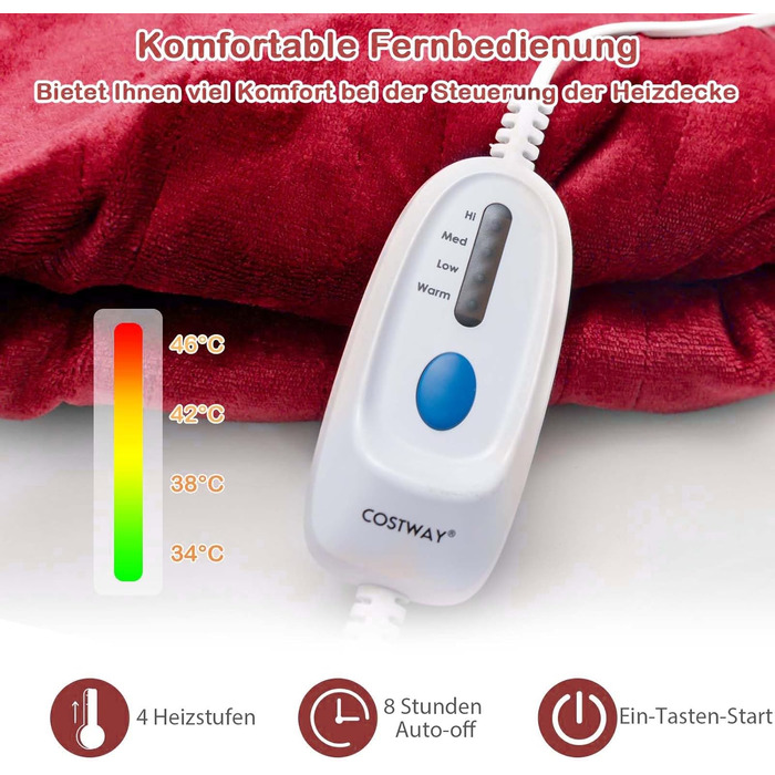 Електрична ковдра COSTWAY 150x200 см, 4 налаштування температури, автоматичне відключення, можна прати в пральній машині, червоний