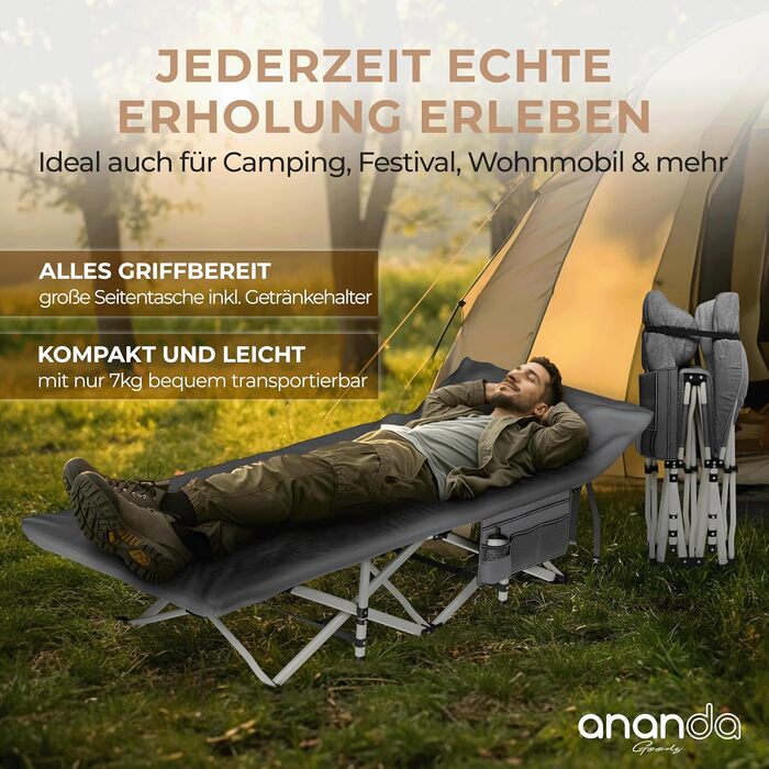 Розкладне похідне ліжко Feldbett з матрацом та простидлом з бавовни, кемпінгове ліжко для дорослих 190x70 см, витримує до 200 кг