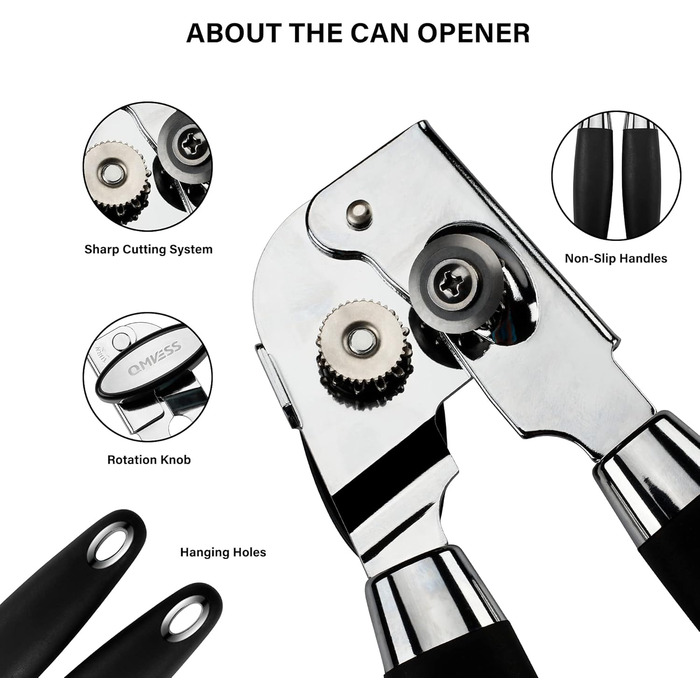 Ручний відкривач для банок QMVESS, нержавіюча сталь, безпечні краї, протиковзкий, з відкривачем для скляних пляшок (чорний)