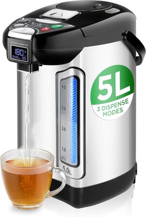 NutriChef Дозатор гарячої води та чайник 5л – нержавіюча сталь, регулювання температури, великий об'єм | LCD дисплей | Поворотна база 360° | Автомат для консервування | Ідеально для чаю, глінтвейну та сімей