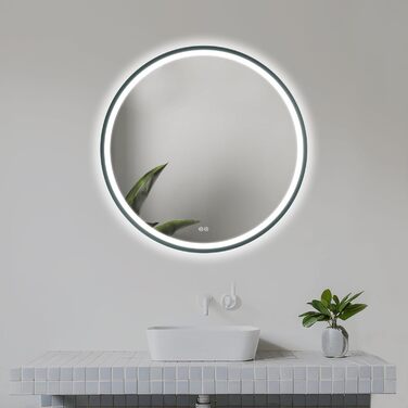 LED дзеркало для ванної кімнати Home Glow круглої форми 80 см – з підсвічуванням, проти запотівання, сенсорним вимикачем, металевим каркасом (графіт)