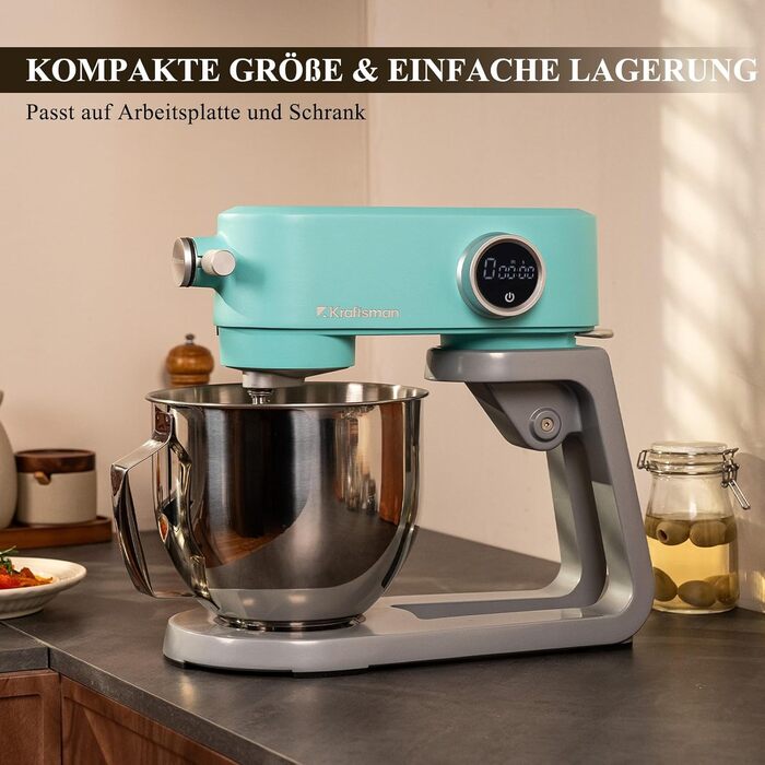 Кухонна машина 5л для замішування тіста: хліб, піца, з таймером, 8 швидкостей, нержавіюча чаша, гак, вінчик, міксер (блакитна)
