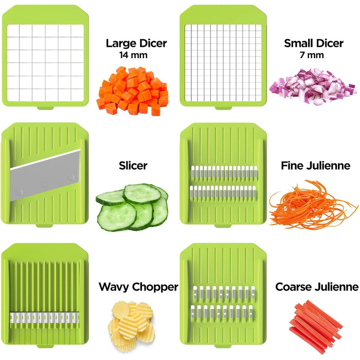 Ручний овочевий слайсер-мандоліна з 6 лезами та контейнером 3.3L - професійний овочевий слайсер з захистом рук, багатофункціональний, для слайсів, жульєну та подрібнення цибулі, чорно-зелений