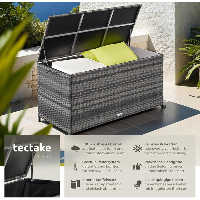 Скриня для саду Tectake з ротангу (поліротанг) чорна, 297л, 117x54x64 см - водонепроникна, з кришкою, на колесах, для тераси, балкону