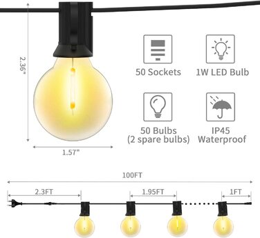 Підвісні гірлянди для дому, 7,6 м 23 світлодіодні скляні лампи G40, садові гірлянди для патіо, водонепроникне ретро-освітлення IP44 для дому/вулиці, гірлянди для вечірок, весілля, Різдва (30 м пластикові лампочки 50-х років)