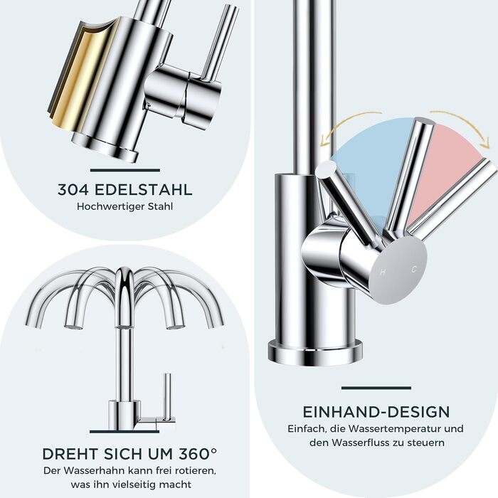Змішувач для ванної кімнати FORIOUS Hoch 360° з нержавіючої сталі, з підйомним виливом, для кухні/ванної кімнати, з підключенням до гарячої/холодної води, монтаж простий, висота виливу 175 мм, полірована сталь