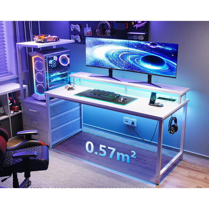 Ігровий стіл Coleshome з шухлядами, 151x50 см, з LED-підсвічуванням та розеткою, з полицями та підставкою для монітора (карбонове волокно)