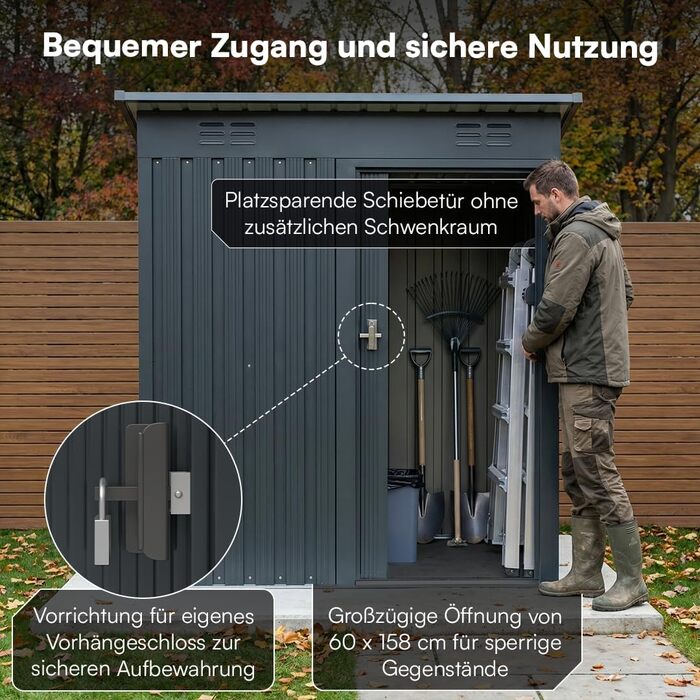 Сарай садовий металевий STEELSØN Talonix 184x85x149 см, антрацит – для інструментів, з односхилим дахом, оцинкований каркас