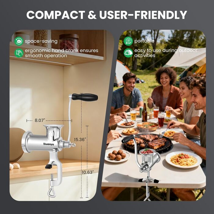 М'ясорубка ручна Huanyu з нержавіючої сталі та насадкою для ковбас, посудомийна, розмір 10