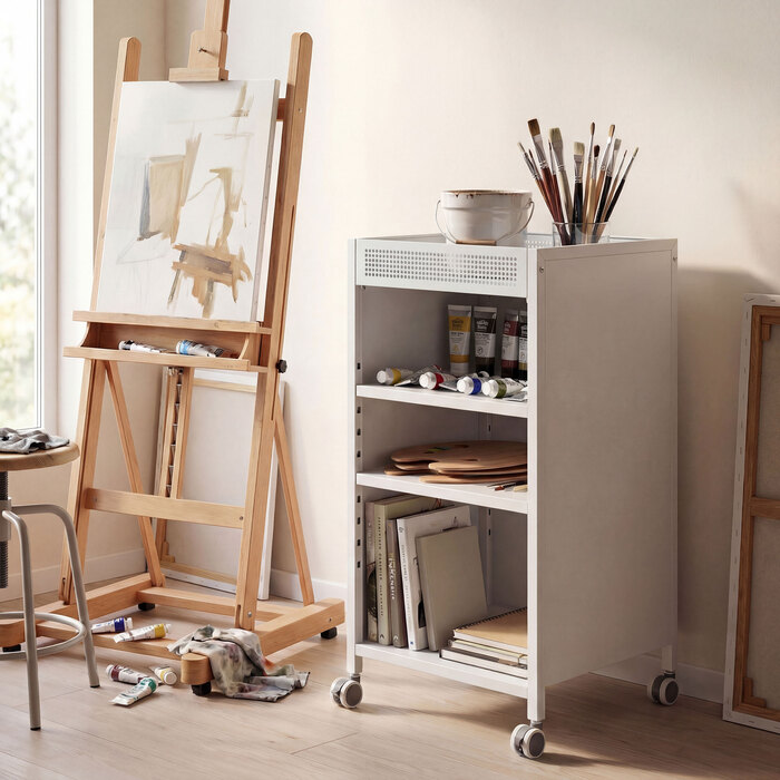 Мобільна полиця для книг з регульованими полицями, 3-рівнева візок з верхньою корзиною, білий