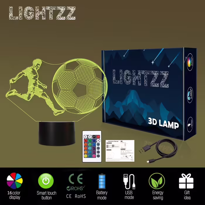 Світильник-нічник 3D Футбол для дітей Lightzz з пультом, 16 кольорів, таймер, LED лампа для кімнати хлопчика