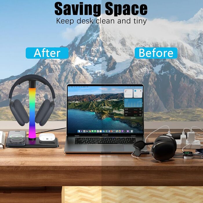 Підставка для навушників з бездротовим зарядним пристроєм, RGB-підсвічуванням, сумісна з Airpod Max, Airpod Pro/3/2, iPhone 16/15/14/13/12/11, Samsung, ідеальний подарунок для геймерів, чорний колір