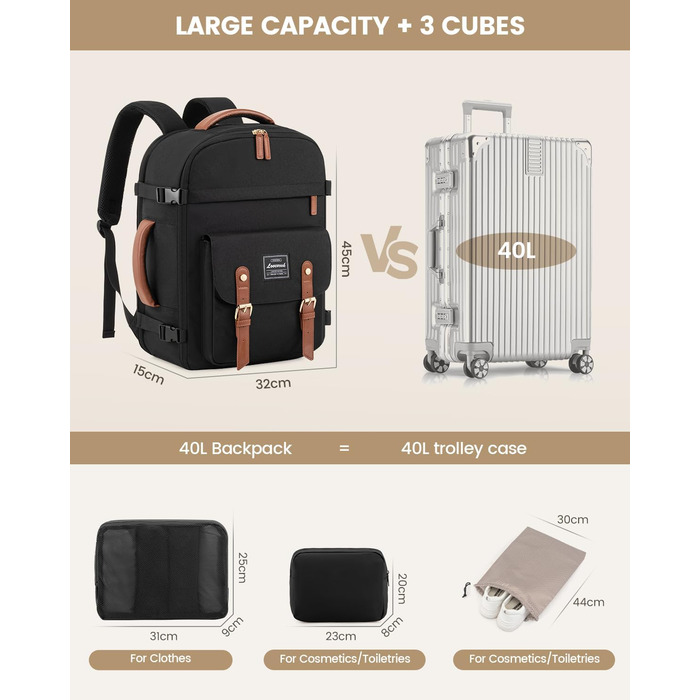 Рюкзак LOVEVOOK для ручної поклажі в літак, жіночий, водонепроникний, універсальний, для ноутбука 17 дюймів, шкільний, для студентів, подорожей, чорний/коричневий, 45x32x15 см