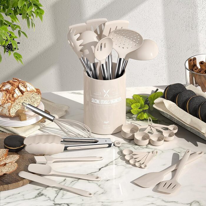 Набір кухонних помічників, 26 предметів: силіконове кухонне приладдя з нержавіючою сталею, стійке до нагрівання, з підставкою, антипригарне, для посудомийної машини - Хакі