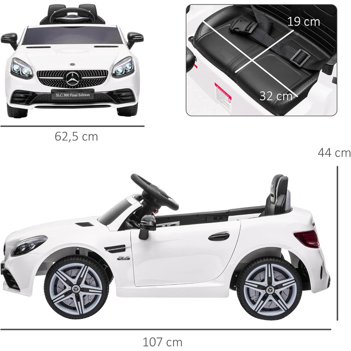 Дитячий електромобіль Mercedes SLC 300 AIYAPLAY 12V з пультом, LED-фарами, ременем безпеки, звуком, для дітей від 3 років, білий