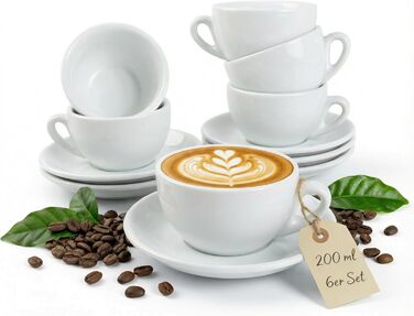 Набір кавових чашок Капучіно, 6 шт. | Білий колір | Італійський стиль | Товстостінні, важкі | Можна мити в посудомийній машині | Подарунковий набір 200 мл