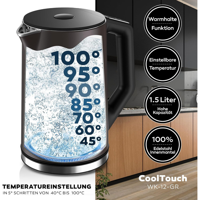 Електричний чайник BALTER з регулюванням температури, 1.5L, 2200W, білий (сірий), без BPA, подвійні стінки, бездротовий