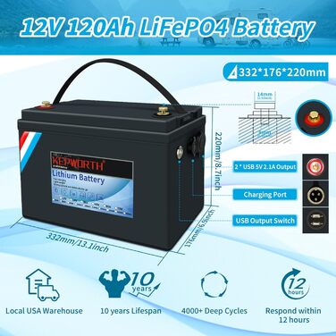 Літієва батарея 12V 120Ah LiFePO4, 4000 циклів, захист BMS, для сонячної системи, човна, кемпінгу, автофургону