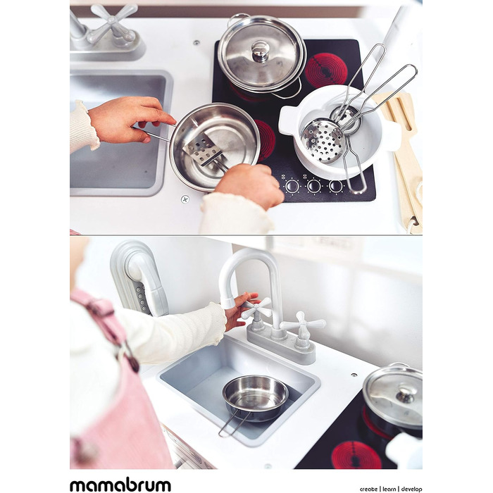 Дитяча дерев'яна кухня Mamabrum з LED-підсвічуванням. Регульована висота, набір з аксесуарами (крижанка, мікрохвильова піч, плита, посудомийна машина). Іграшка для дітей від 3 років (кухня для хлопчиків та дівчаток, білий колір)