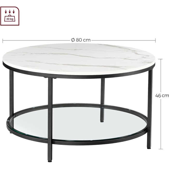 Журнальний столик VASAGLE, стіл для вітальні, журнальний столик, для вітальні, зі скляною стільницею, багато місця для зберігання, легка збірка, сучасний стиль, мармуровий білий чорнило чорний LCT071B13 80 x 46 см Мармуровий білий чорнило чорний