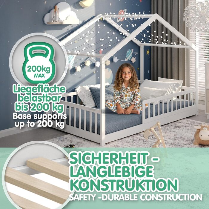 Ліжко-дитяча хатинка CADANI Malte, 120x200 см, білий колір, Montessori, з бортиками, трансформується, з ламелями, до 200 кг