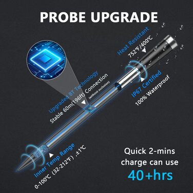 Термометр для м'яса BFOUR BF-30 PRO: бездротовий Bluetooth термометр-щуп з LCD-дисплеєм, IP67 водонепроникний, для приготування на грилі, в духовці, на кухні (зелений)