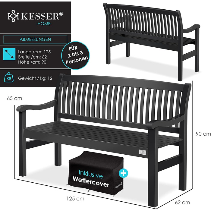 Садова лавка KESSER® з дерева для 3-4 осіб, анодований антрацит 125 см, стійка до погодних умов, витримує до 320 кг, з чохлом для балкона, тераси та саду