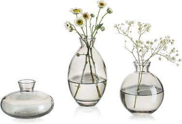 Маленькі вази для прикраси столу, вінтажна ваза ручної роботи, міні-ваза з 3 предметів, скляна ваза для квітів, сучасний набір, різна велика гладка ваза з гідропонного скла для прикраси квітів, весільного столу, вітальні (1 комплект, сірий)