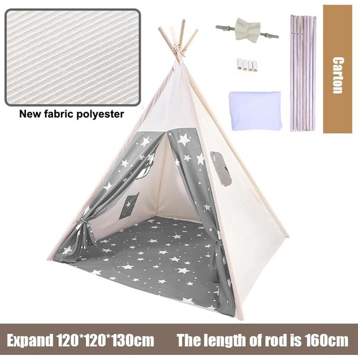 Дитяче намет-типі Camiraft сірого кольору, індійський намет-іграшка зі зірками для дітей, бавовняний намет для дівчаток та хлопчиків з сумкою, складаний дитячий домік для дому чи на вулицю