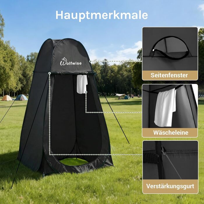 Складаний душовий та роздягальний намет WolfWise для кемпінгу та пляжу, водонепроникний з UV-захистом, 190x100 см, чорний