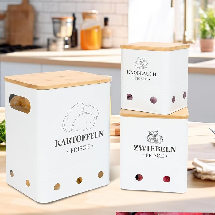 Коробки для зберігання картоплі, цибулі та часнику, 3 шт., з бамбуковим кришками, чорні