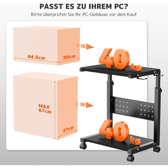 Регульована підставка для ПК PUTORSEN з 2 рівнями, з роликами та підкладкою для миші, чорна (Mid-Tower)