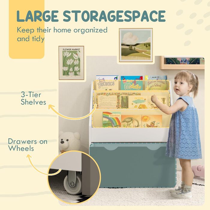 Полиця для дитячих книжок AIYAPLAY, 3-8 років, 3 ящики, з висувною шухлядою, MDF, 62,5x30x70 см, білий та сірий